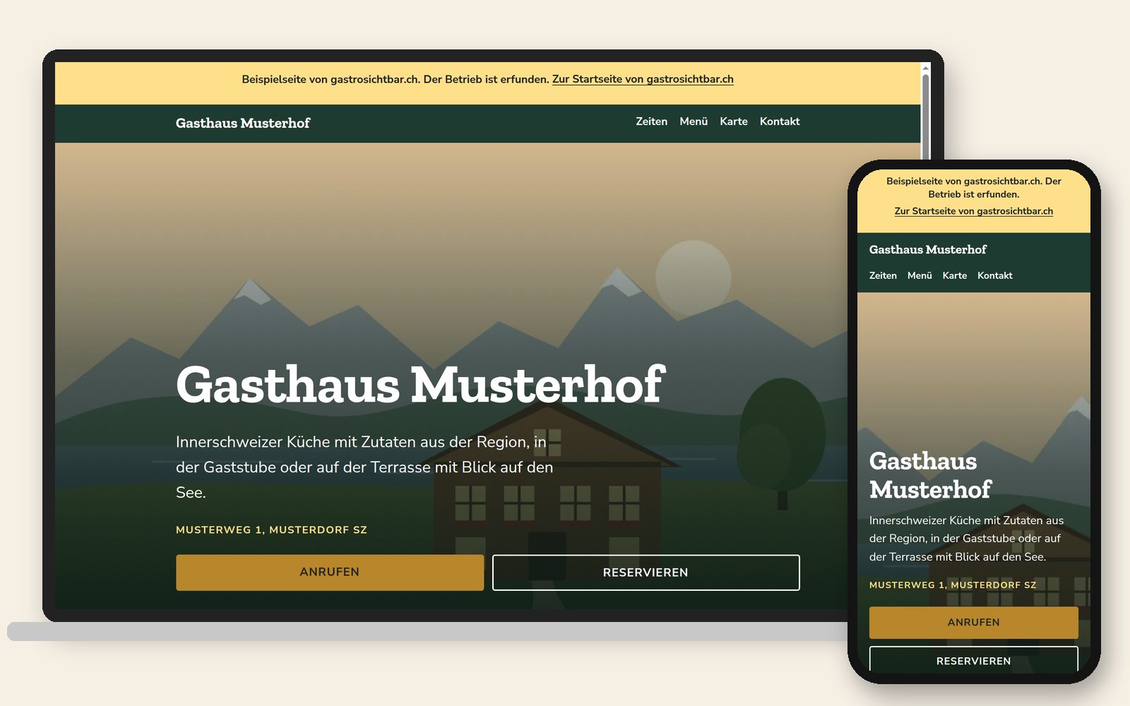 Die Beispiel-Website Gasthaus Musterhof auf einem Laptop und einem Handy